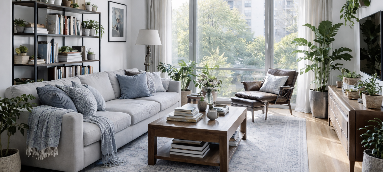 A bright, freshly cleaned living room